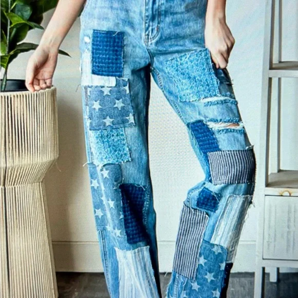 Oli & Hali Blue Straight Leg Jeans with Distinctive Patchwork - Picture 2 of 7